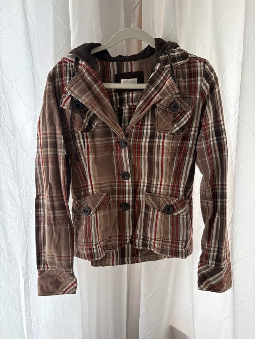 Maurices Brown Plaid Hooded Button Jacket